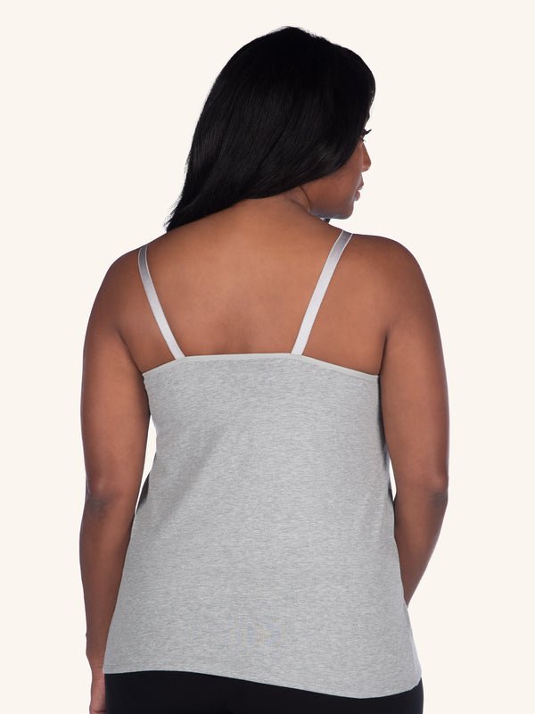 Front view of maternity and nursing tank with built-in nursing bra in heather grey