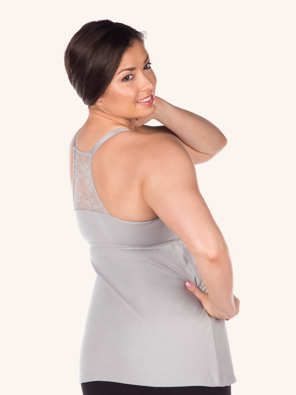 Back view of lace back maternity and nursing tank in silver sconce
