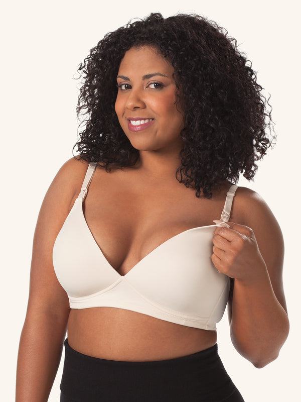 Front view of molded seamless wirefree nursing bra in nude