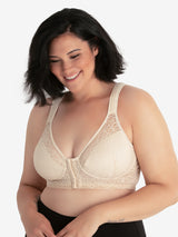 Front view of shimmer support back front-closure lace bra in whisper nude