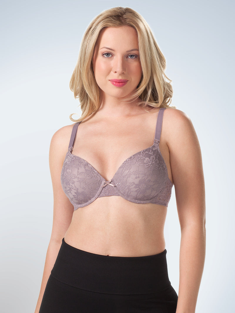 Front view of loving moments underwire lace nursing bra in baked blush tone quail