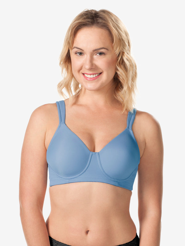 Front view of full coverage underwire padded bra in blue mist