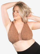 Front view of cotton front-closure wirefree comfort bra in mocha leo dot