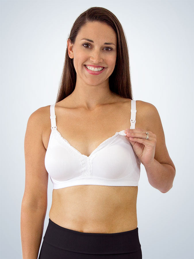 Front view of silky lace nursing bra in white