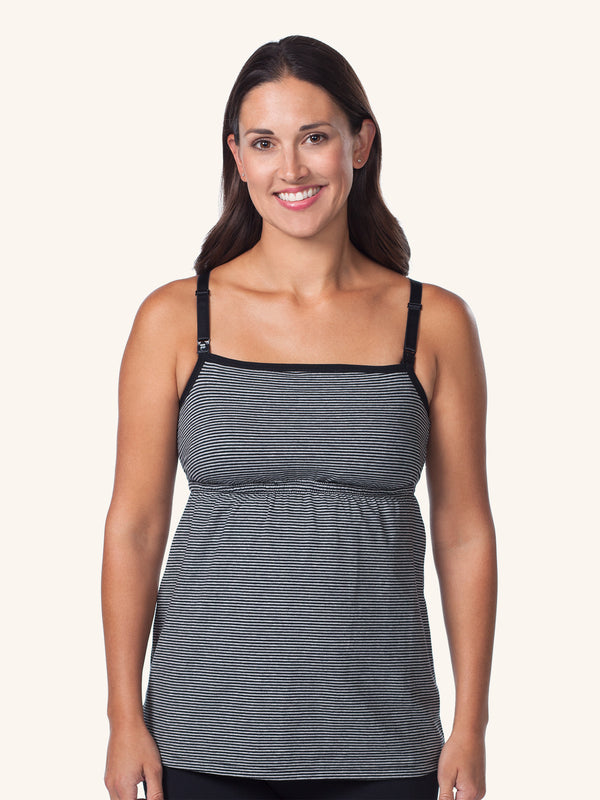 Front view of square neck maternity and nursing tank in black stripe
