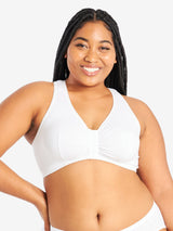 Front view of cotton front-closure lace racerback bra in white
