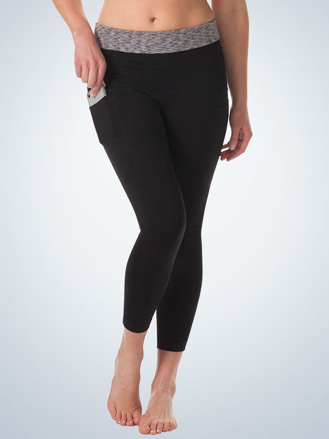 Front view of control high-waist legging in jet black with heather grey space dye