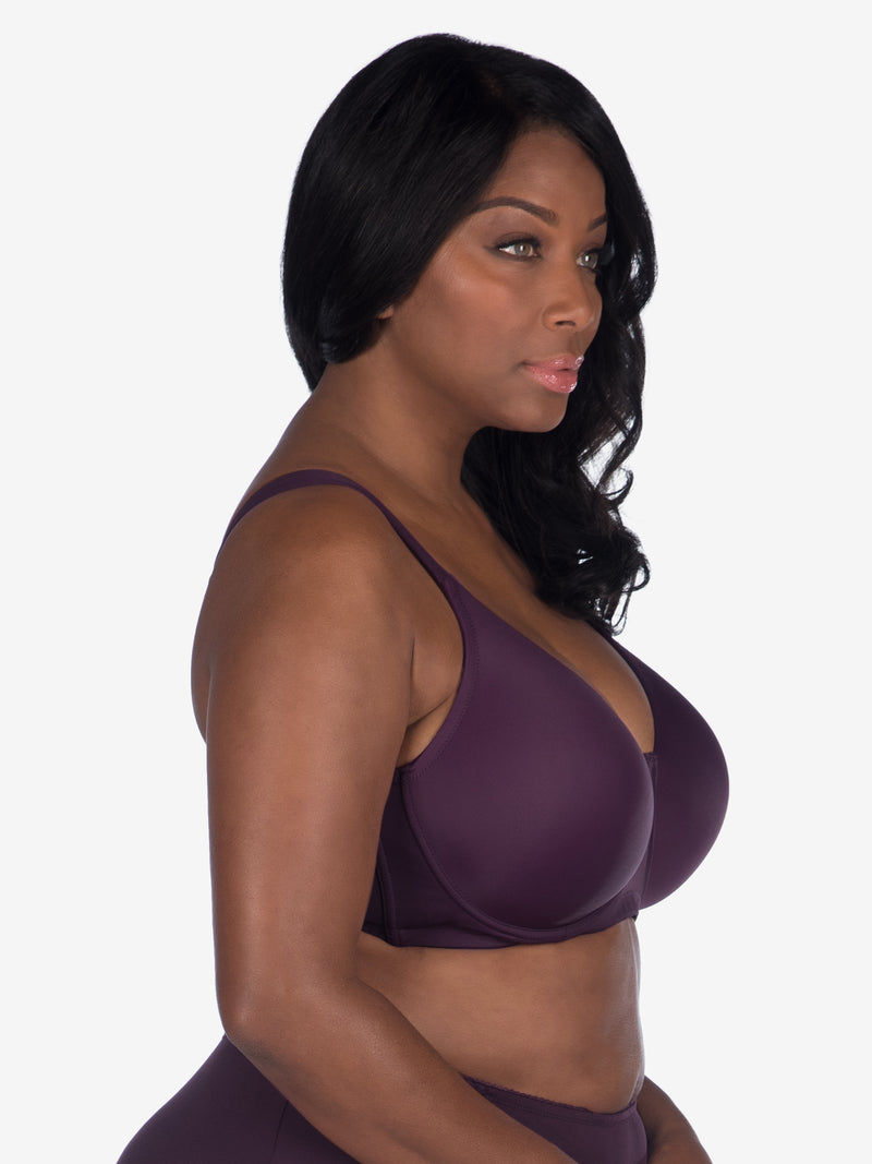 Side view of full coverage underwire padded bra in blackberry wine