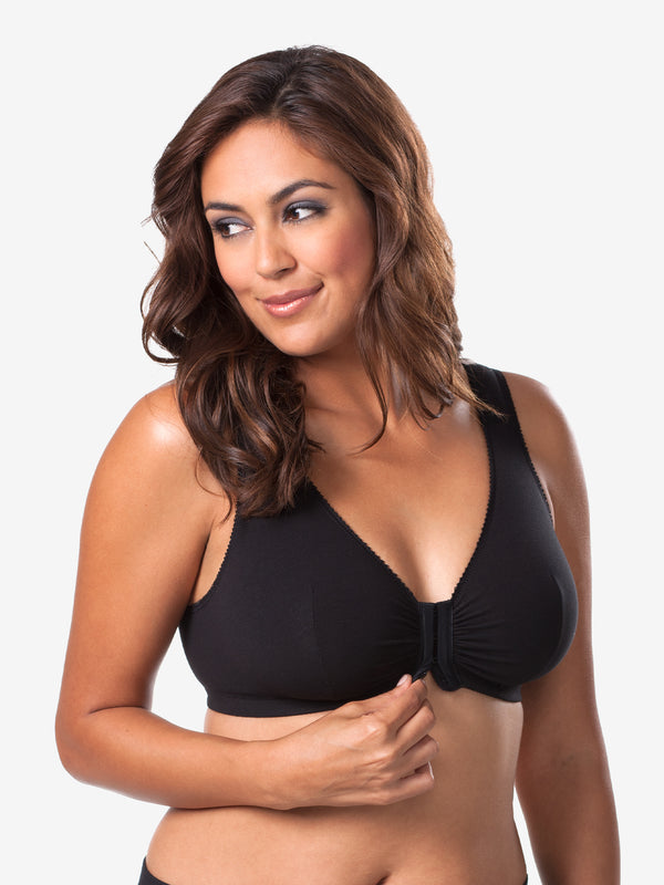 Front view of front-closure leisure bra in black
