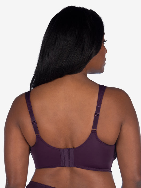 Back view of scalloped lace underwire bra in blackberry wine