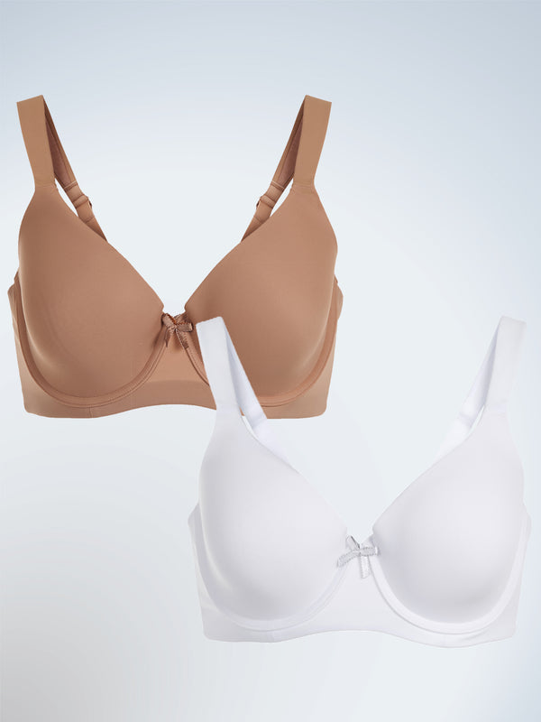 Front view of two pack padded wirefree t-shirt bra in warm taupe and white