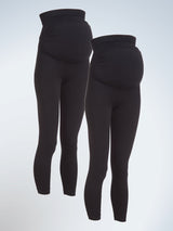 Front view of two pack maternity support leggings patented back support in black