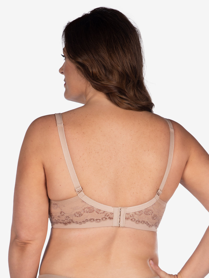 Back view of lace wirefree t-shirt bra in warm taupe