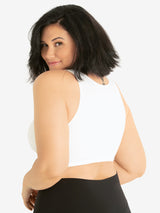 Back view of back smoothing front-closure lace bra in white