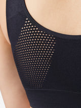 Close up detail view of cooling everyday sports bra in black
