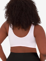 Back view of front-closure seamless comfort bra in pink crush