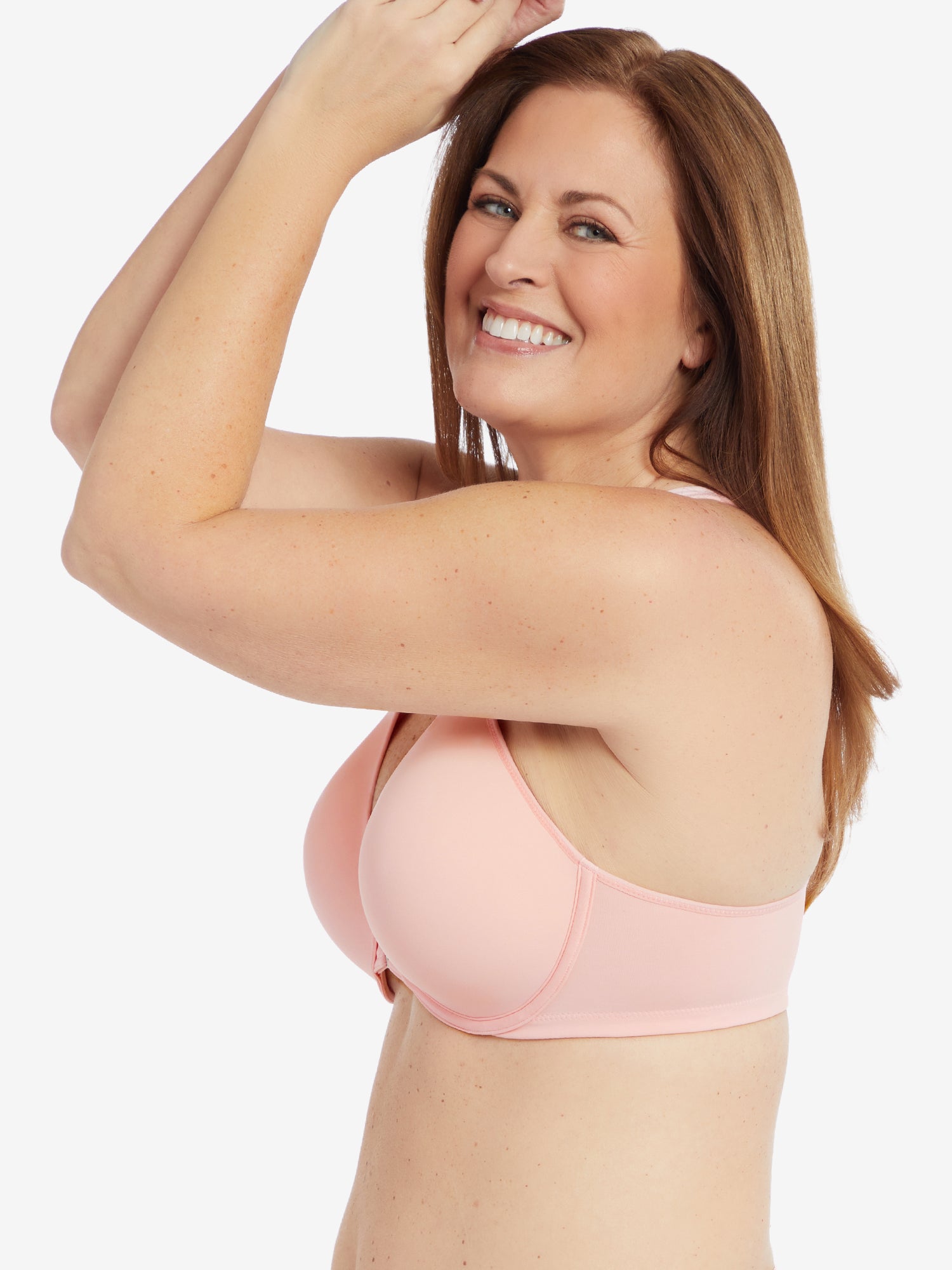 Side view of front-closure racerback t-shirt bra in light pink
