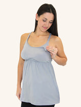 Front view of lace back maternity and nursing tank in silver sconce
