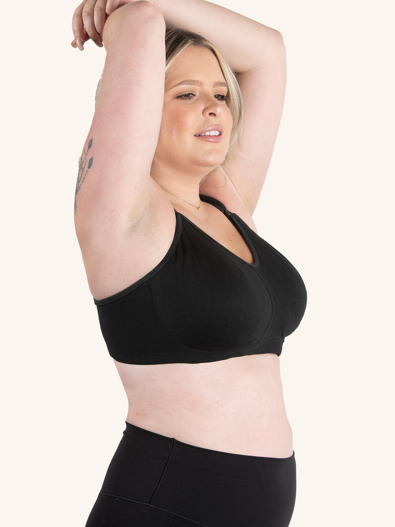 Side view of sport wirefree nursing bra in black