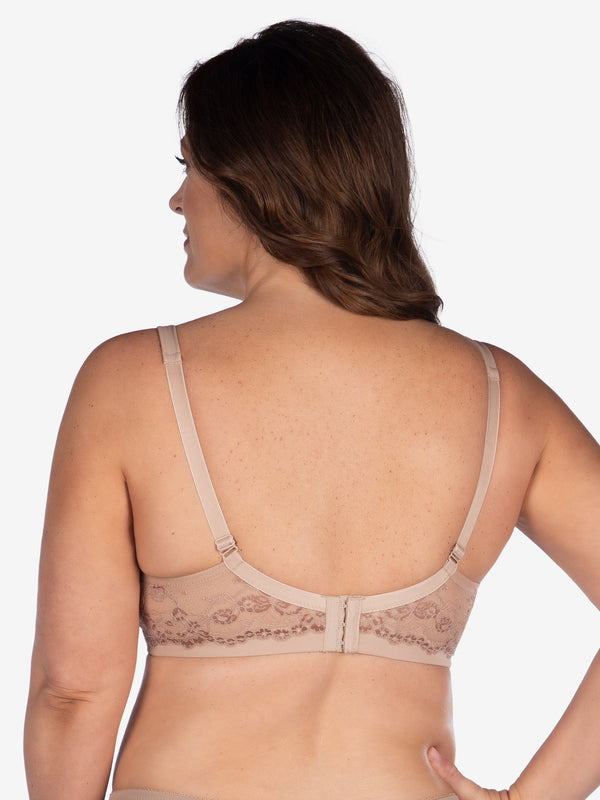 Side view of lace underwire t-shirt bra in warm taupe