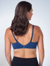 Back view of loving moments wirefree t-shirt nursing bra in sapphire