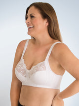 Side view of lace half-cup wirefree bra in white