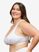 Side view of zig-zag weave front-closure comfort bra in white