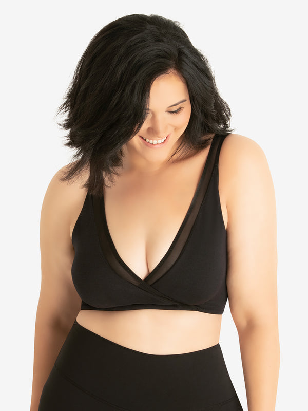 Front view of seamless crossover comfort bra in black onyx