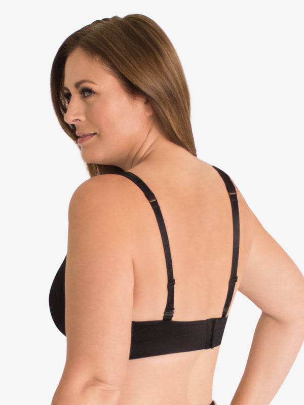 Crossback view of seamless medium impact sports bra in jet black
