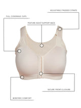 Side view of back smoothing front-closure bra in white