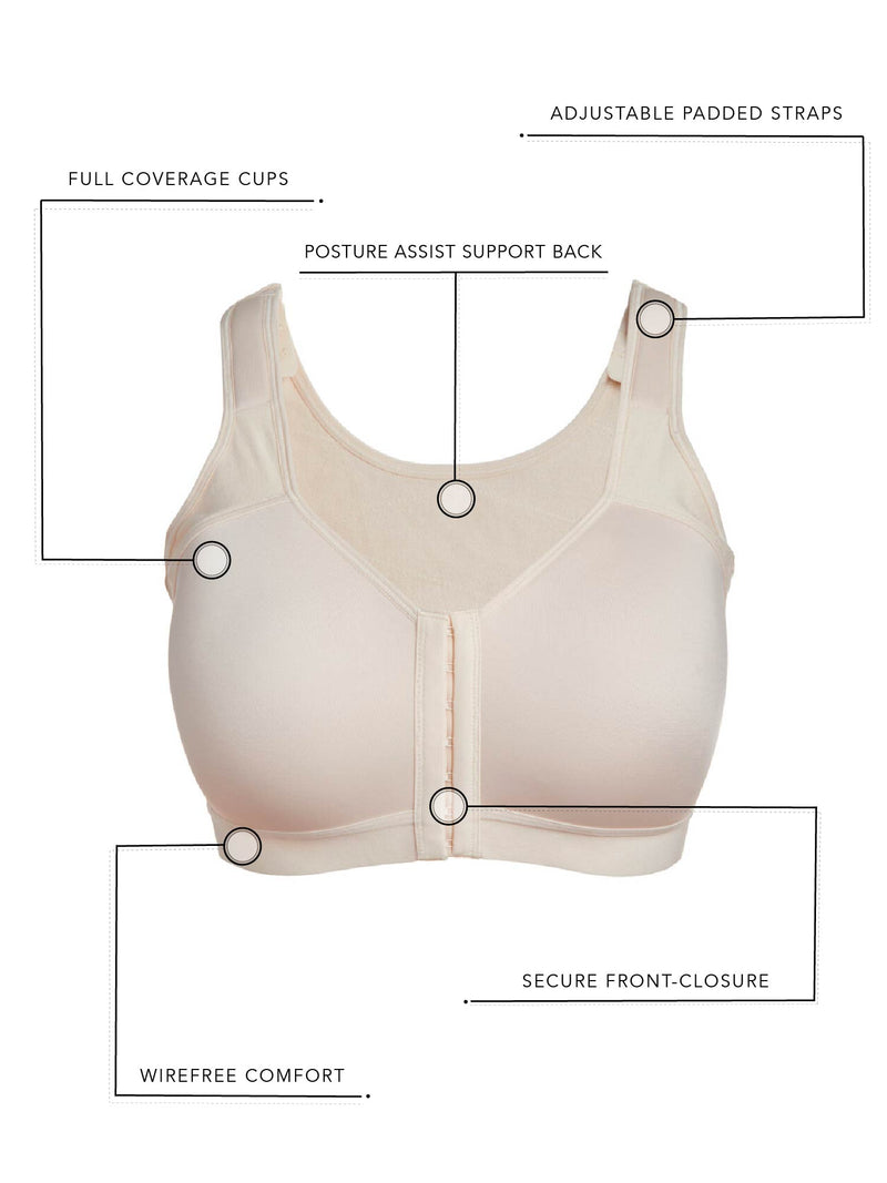Side view of back smoothing front-closure bra in white