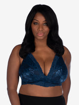 Front view of lace wirefree front-closure bralette in navy