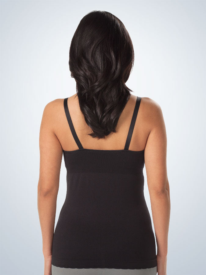 Back view of maternity to nursing seamless cotton tank in jet black