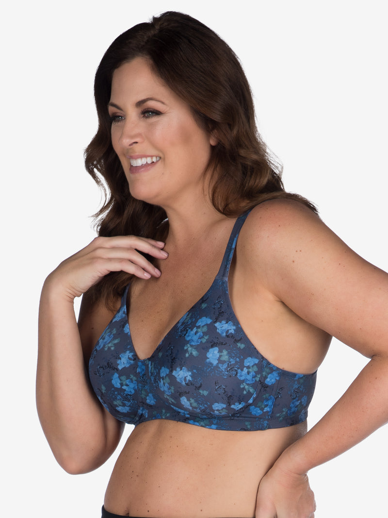Side view of full coverage underwire padded bra in blue floral