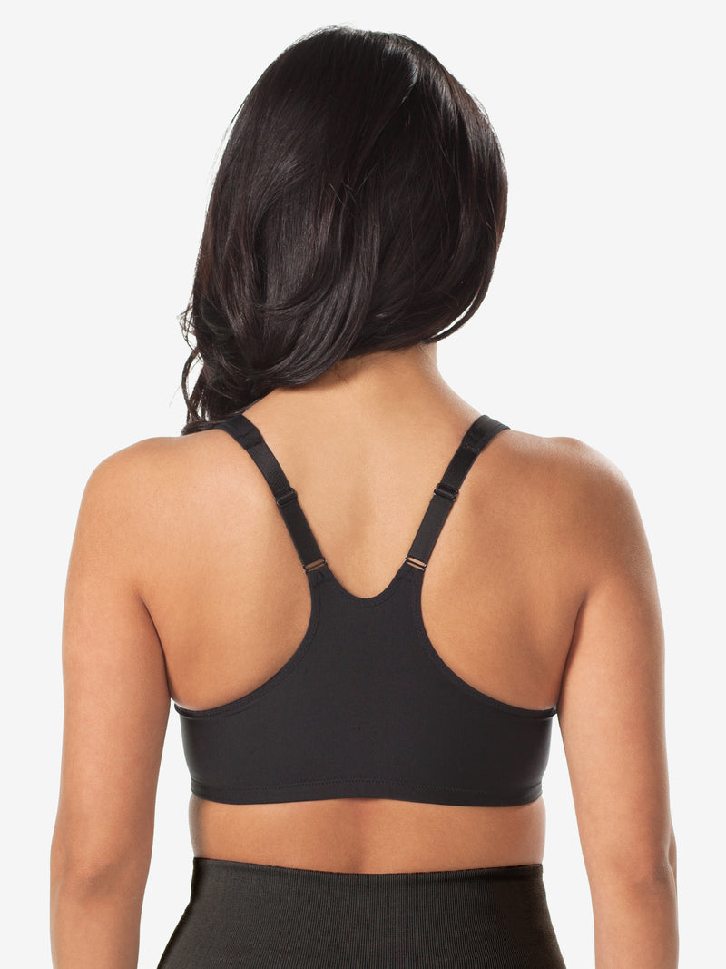 Back view of front-closure racerback t-shirt bra in black