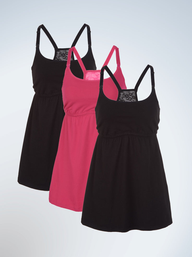 Front view of three pack lace back maternity & nursing tank in azalea and two black