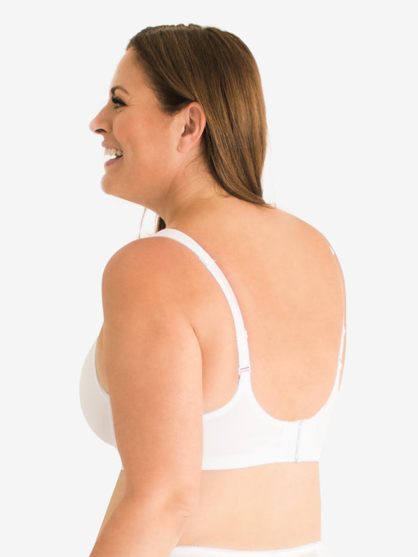 Back view of full coverage wirefree padded bra in white
