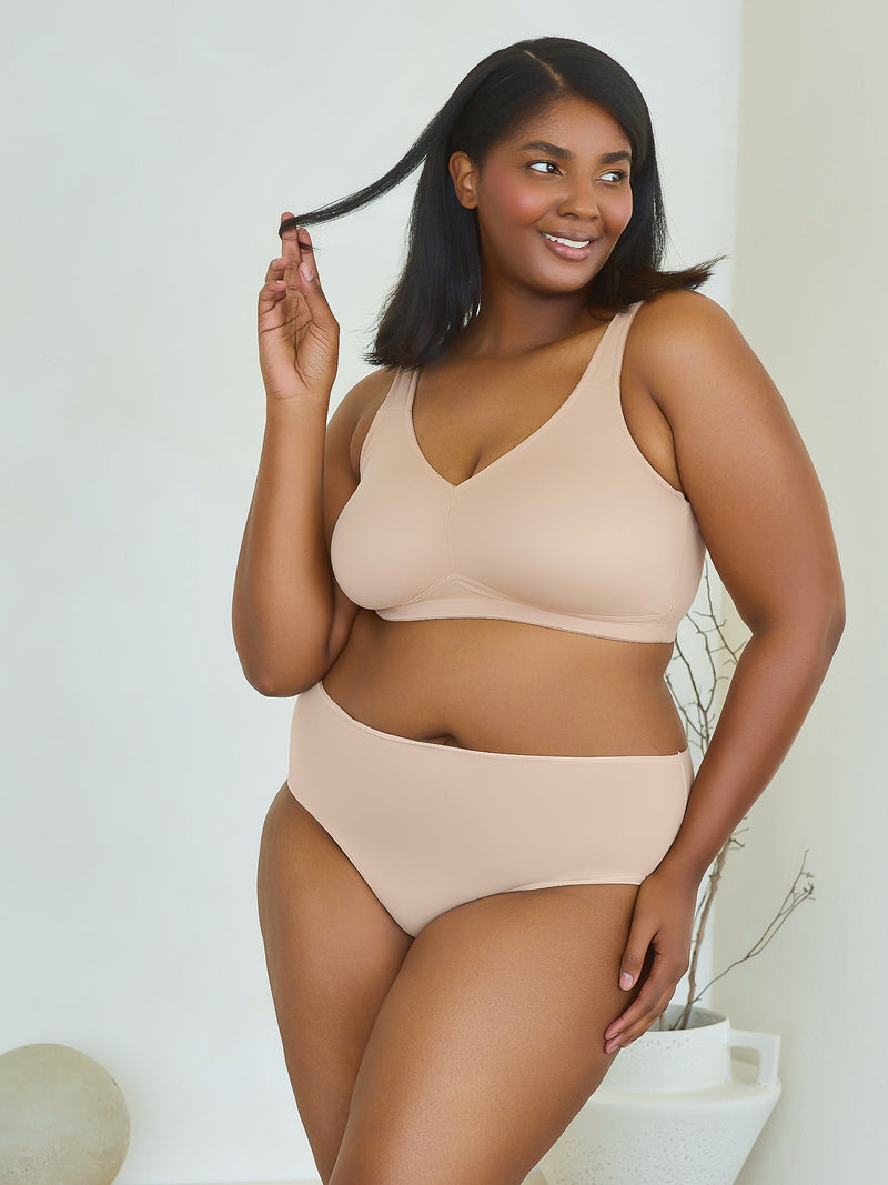 Side view of loving moments microf loving momentsiber comfort bra in sand