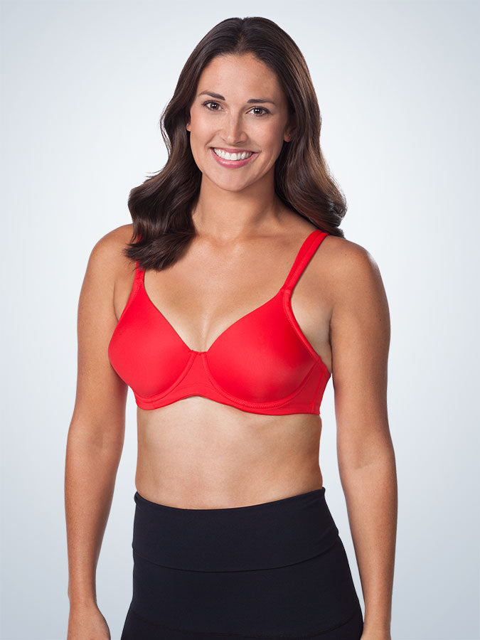 Front view of full coverage wirefree padded bra in lipstick red