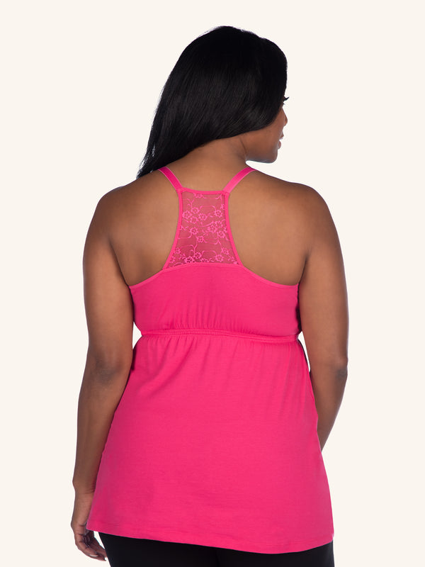 Back view of lace back maternity and nursing tank in azalea