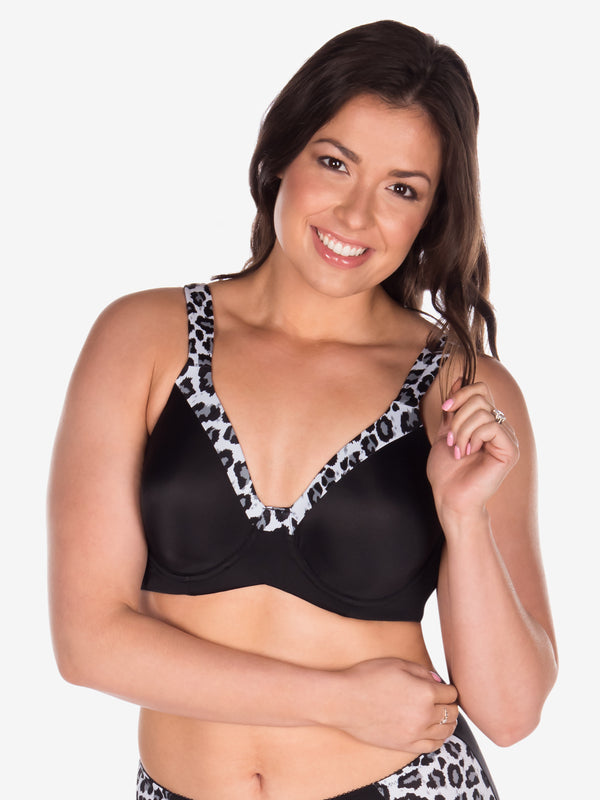 Front view of underwire t-shirt bra in grey leopard