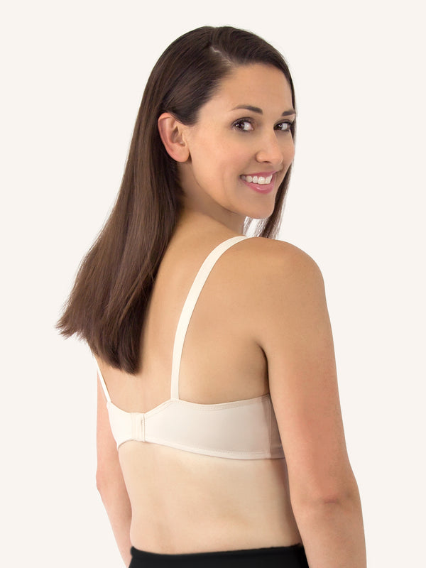 Back view of silky lace nursing bra in nude