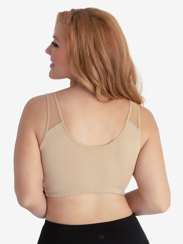 Back view of seamless crossover comfort bra in salt beige