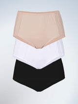 Front view of three pack comfort fresh cooling panties in black white and nude