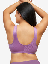 Back view of zig-zag weave front-closure comfort bra in violet