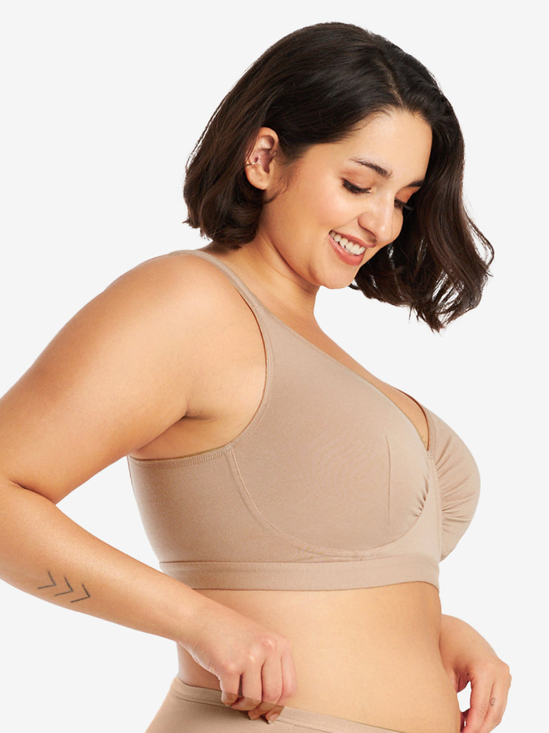 Side view of cotton comfort bra in sand