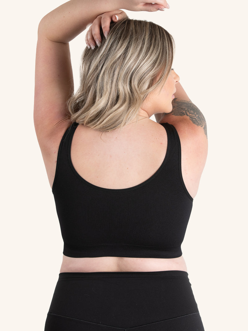 Back view of nylon seamless sleep bra in jet black