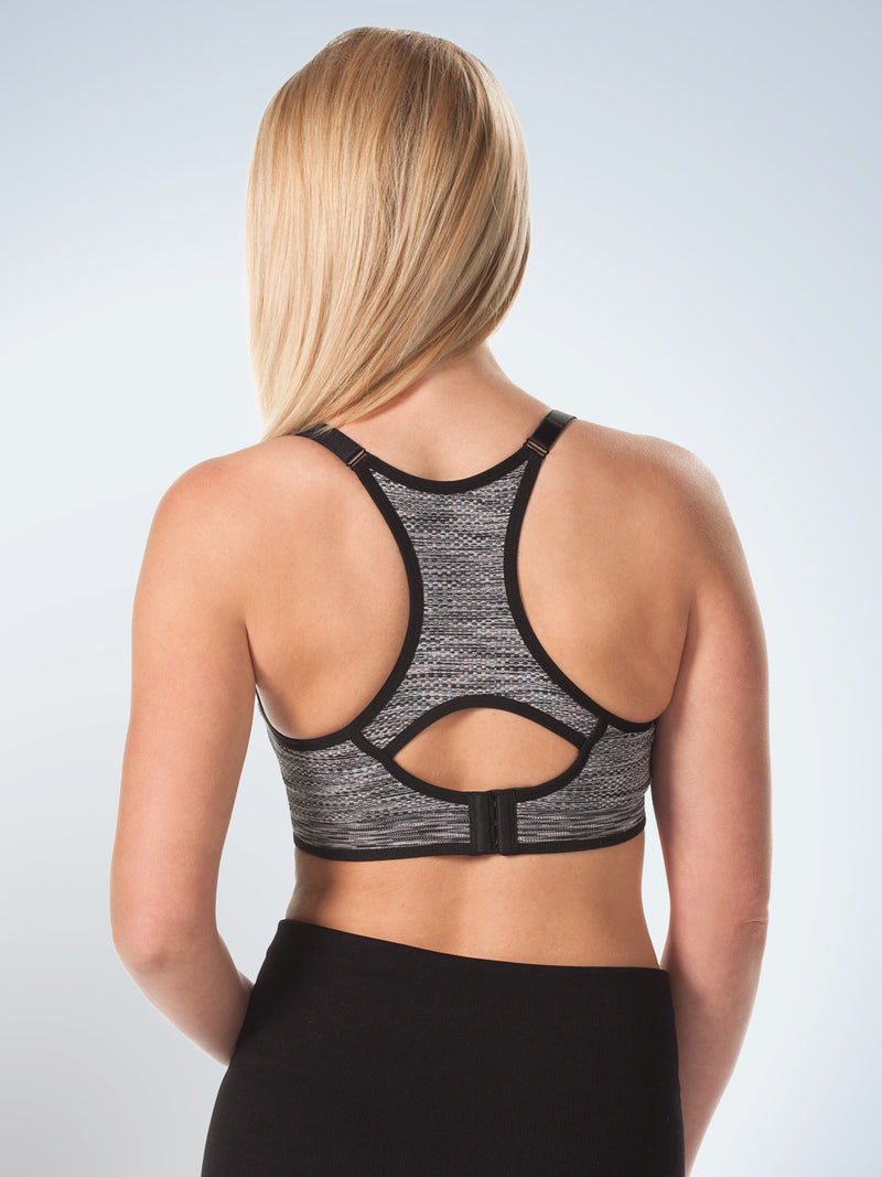Front view of loving moments seamless racerback sports nursing bra in jet black with heather grey space dye