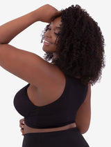 Side view of back smoothing front-closure lace bra in black
