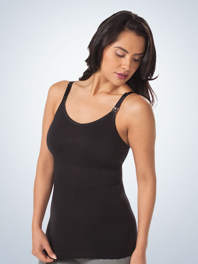 Front view of maternity to nursing seamless cotton tank in jet black